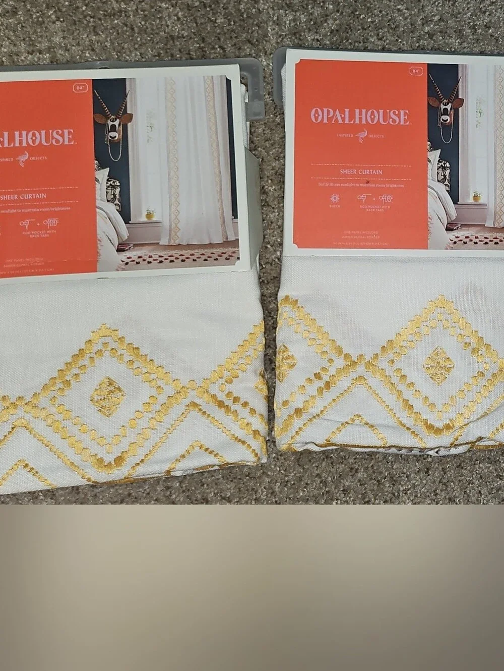 Opalhouse Jungalo White Curtain Panels with Yellow Geometric Embroidery- 2 Panel